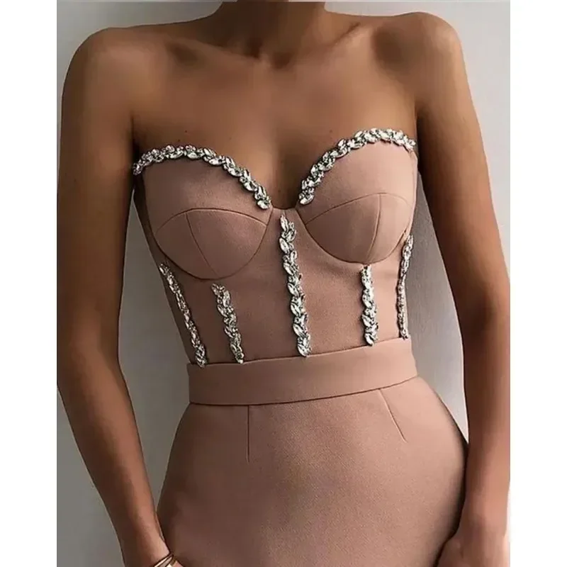 2024 New High-Waist Pink Evening Dress Elegant Midi Dress Tube Top Sequins Solid Color