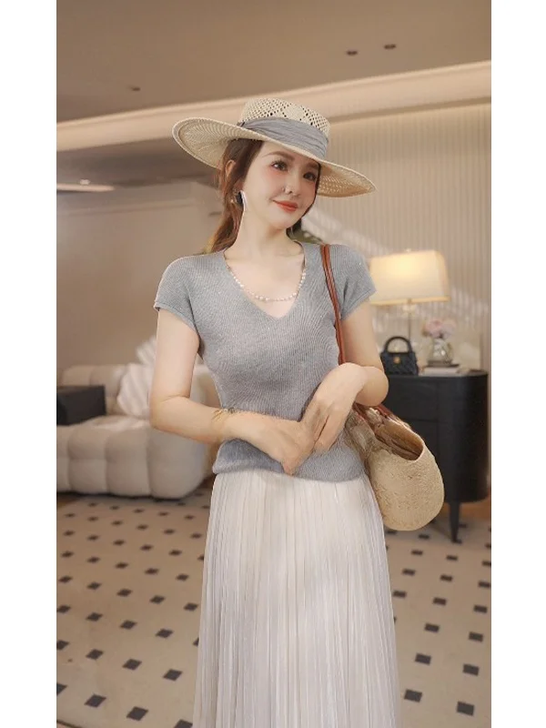 

PINZIKO Slimming V-Ne T-irt Women's Summer Breathable Elastic Knitted irt Korean Sle Commute Faion ort Sve