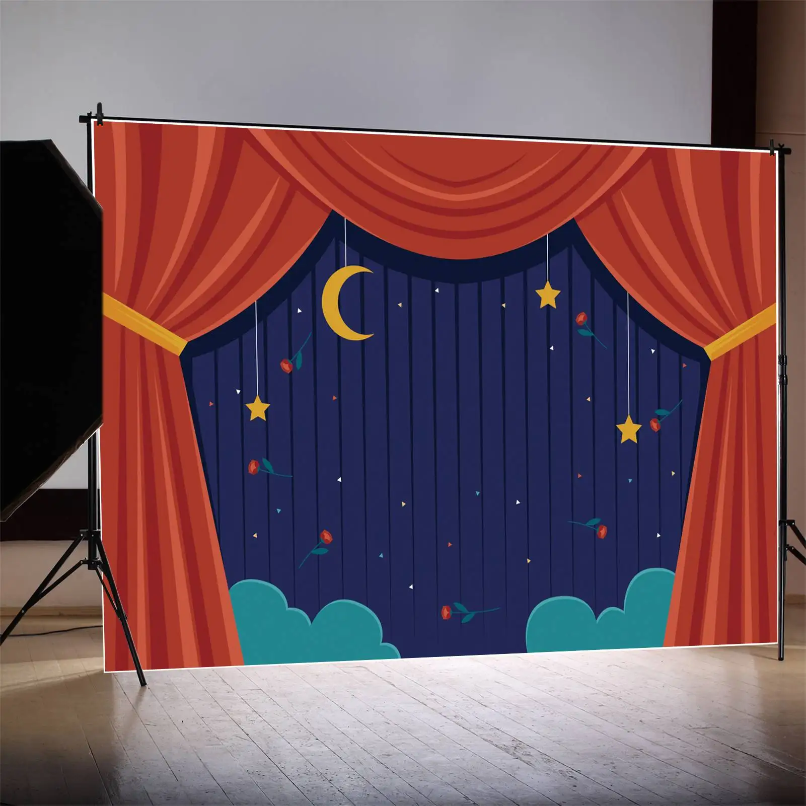 Задний фон MOON.QG, фоторамка для дня рождения, красная занавеска, синяя звезда, цветок, фон для стены, детский индивидуальный баннер, реквизит для фотобудки