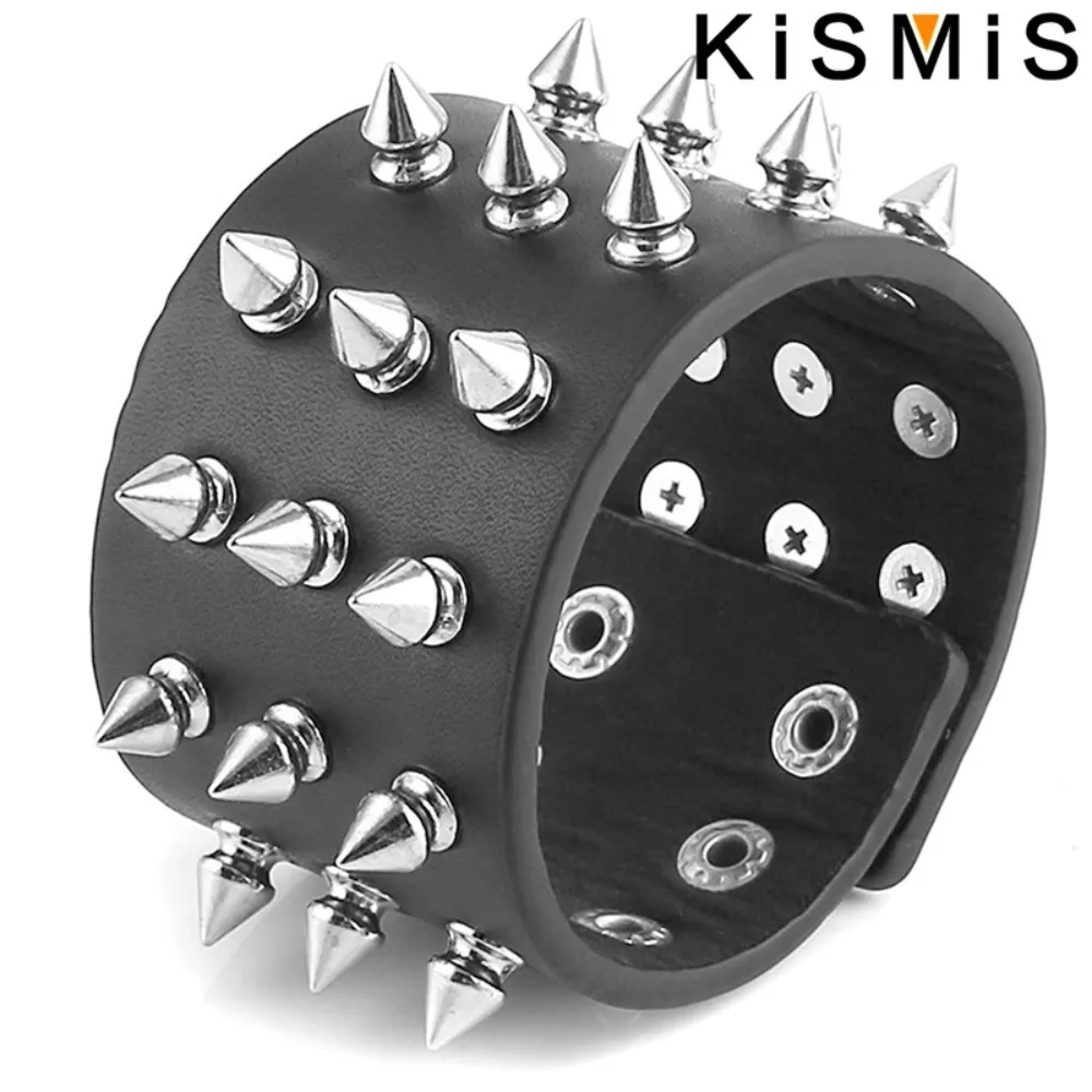 KISMIS 1pcs Punk Gothic Rock Three Row Metal Cone Rivet Leather Wristband Bracelet Wide Cuff Bracelet Mens Gothic