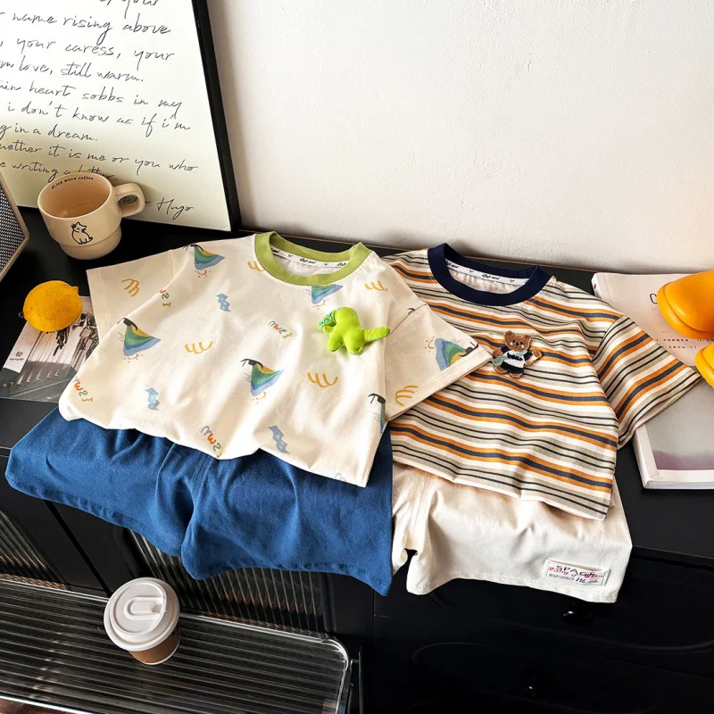 New ChildrenTCotton shirt set for boys, doll-themed summer wear, loose-fitting antibacterial baby shortsASimilar clothing