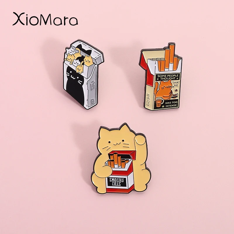 

Funny Cigarette Box Kitten Enamel Pins Smoking Kills Slogan Brooch Backpack Clothes Decorative Lapel Badge Jewelry For Friends