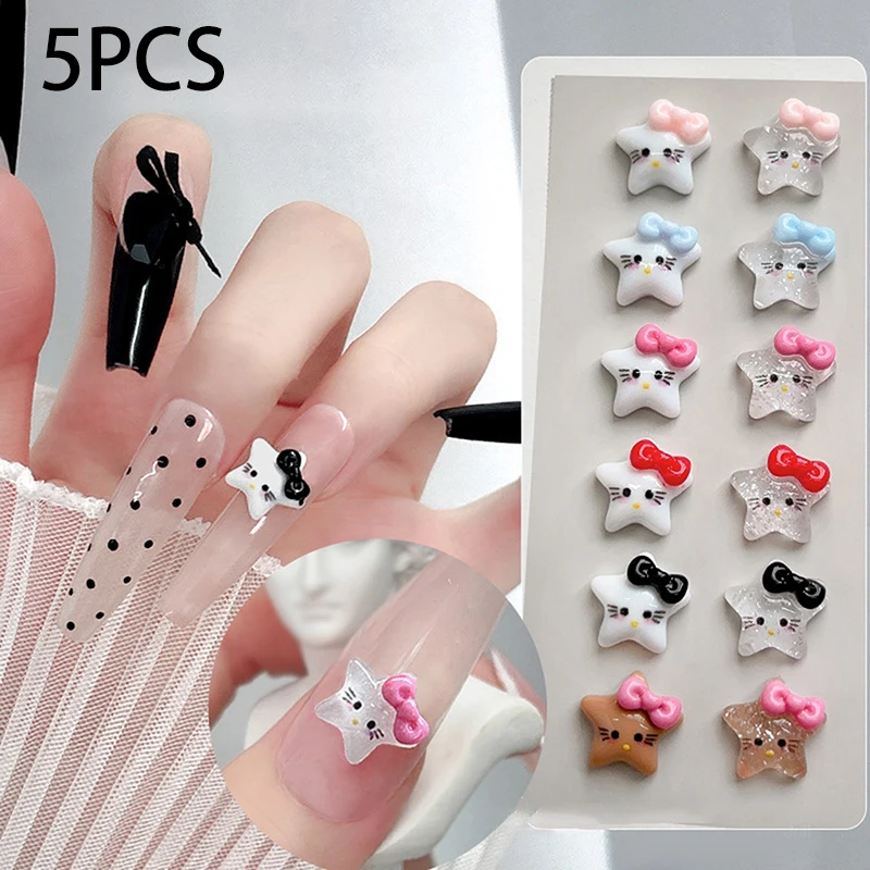 5PCS/Bag Cute Five-pointed Star Bow Hello Kitty Nails Art Accessories Sweet KT Cat DIY Decorations Manicure Charms Gifts