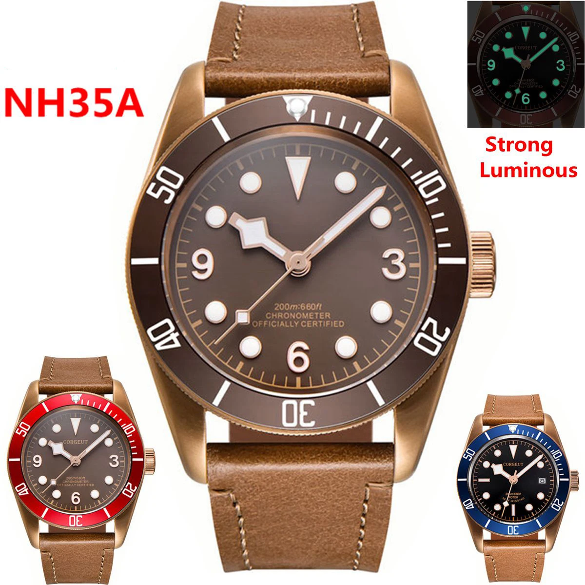 Corgeut Men\'s NH35A Miyota Automatic Mechanical Watches Sport Sapphire Lume Military Watch PVD Coffee Case Deep Waterproof reloj