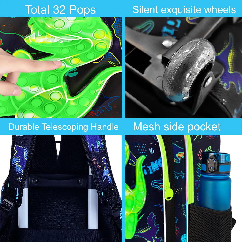 Zaino con ruote da 3 pezzi per ragazzi, bookbag con ruote per bambini, borsa da scuola con ruote con borsa per il pranzo