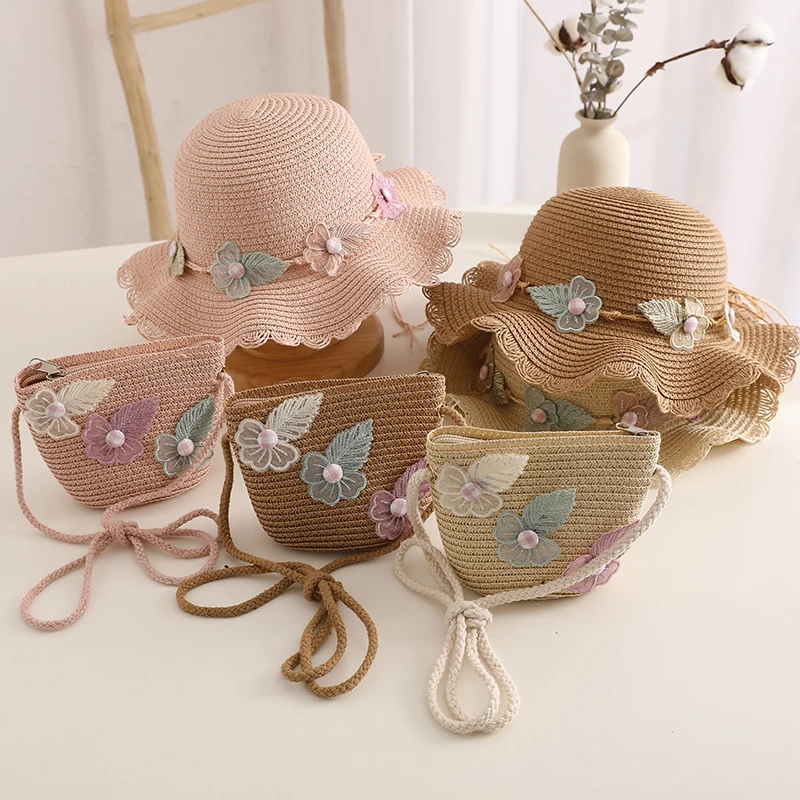 Fashion Straw Hat Handbag Set Kids Girls Summer Sun Protection Cap Travel Beach Sun Cap Portable Handbag Hat панама Gorras