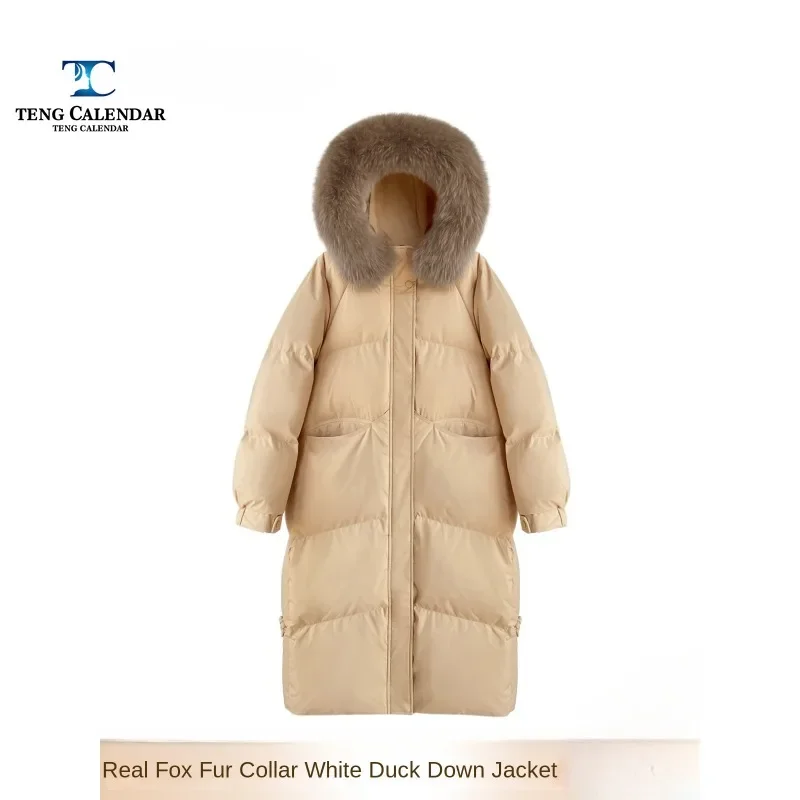 Winter down jacket, medium length fox fur collar, loose and thick Chinese button white duck down jacket, 2024 women's new style