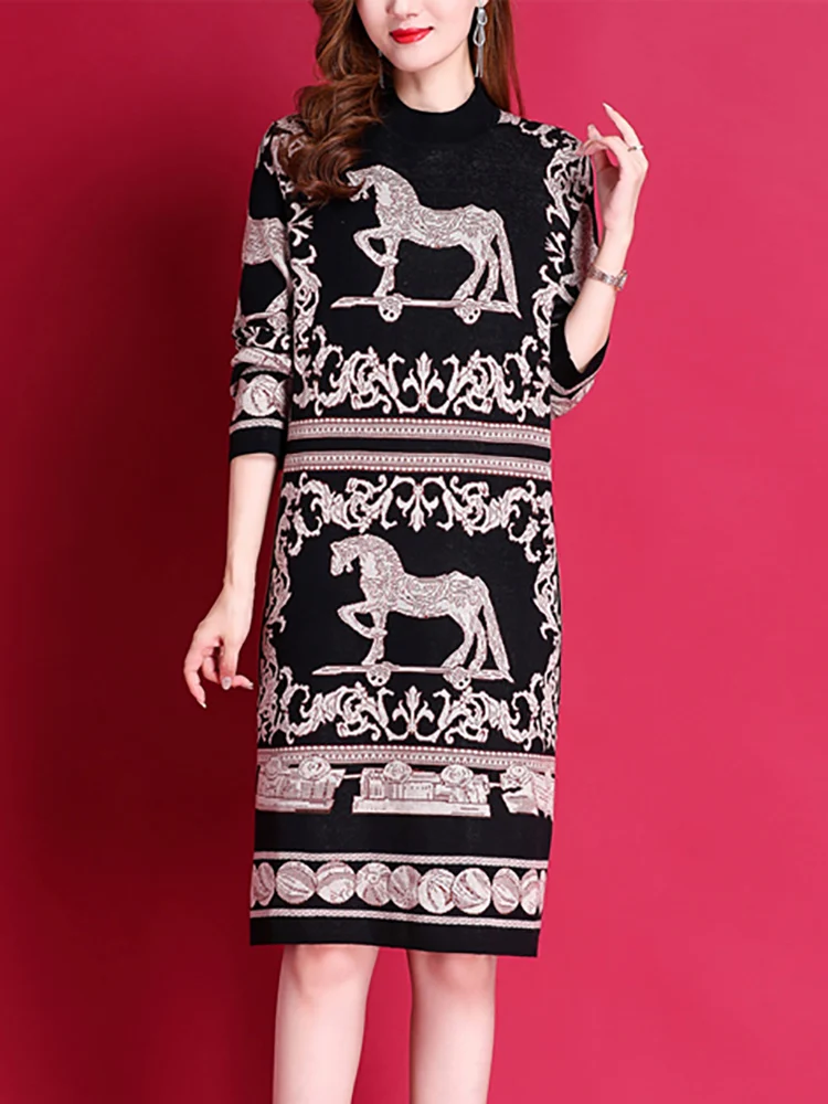 Autumn Winter Black Print Knitted Woolen Pullovers Women Thick Warm Sweater Dress 2024 Korean Vintage Elegant Bodycon Sweaters