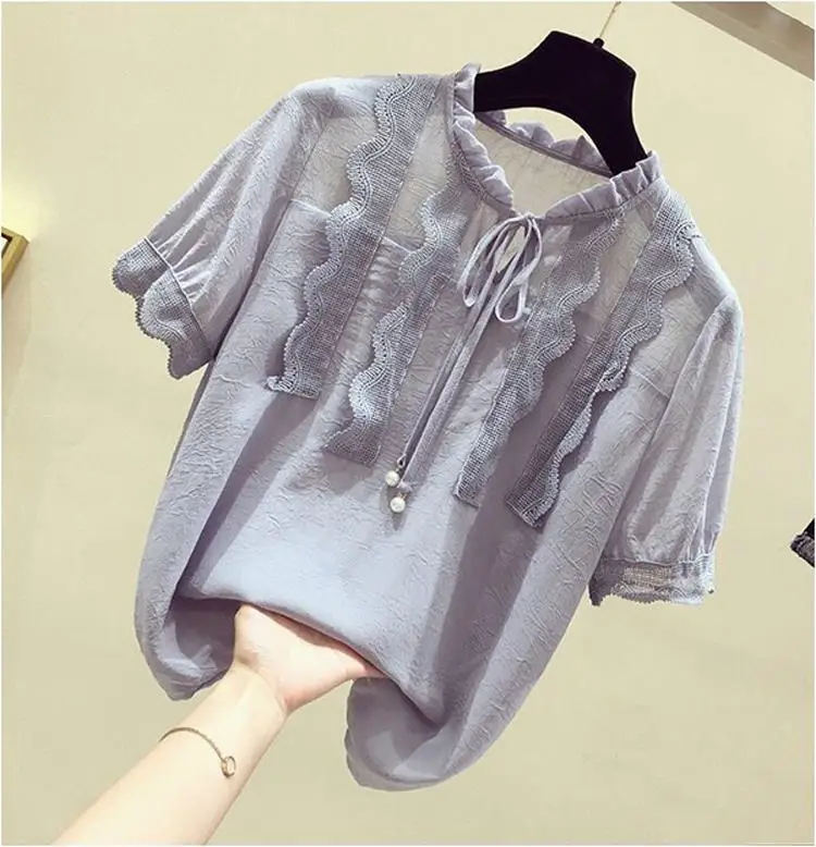 

Large Size Lace Women's Blouses Summer Cotton Cleanfit Sle ort Sve A-Line Sve Thin Fabric Deformable Thin Model