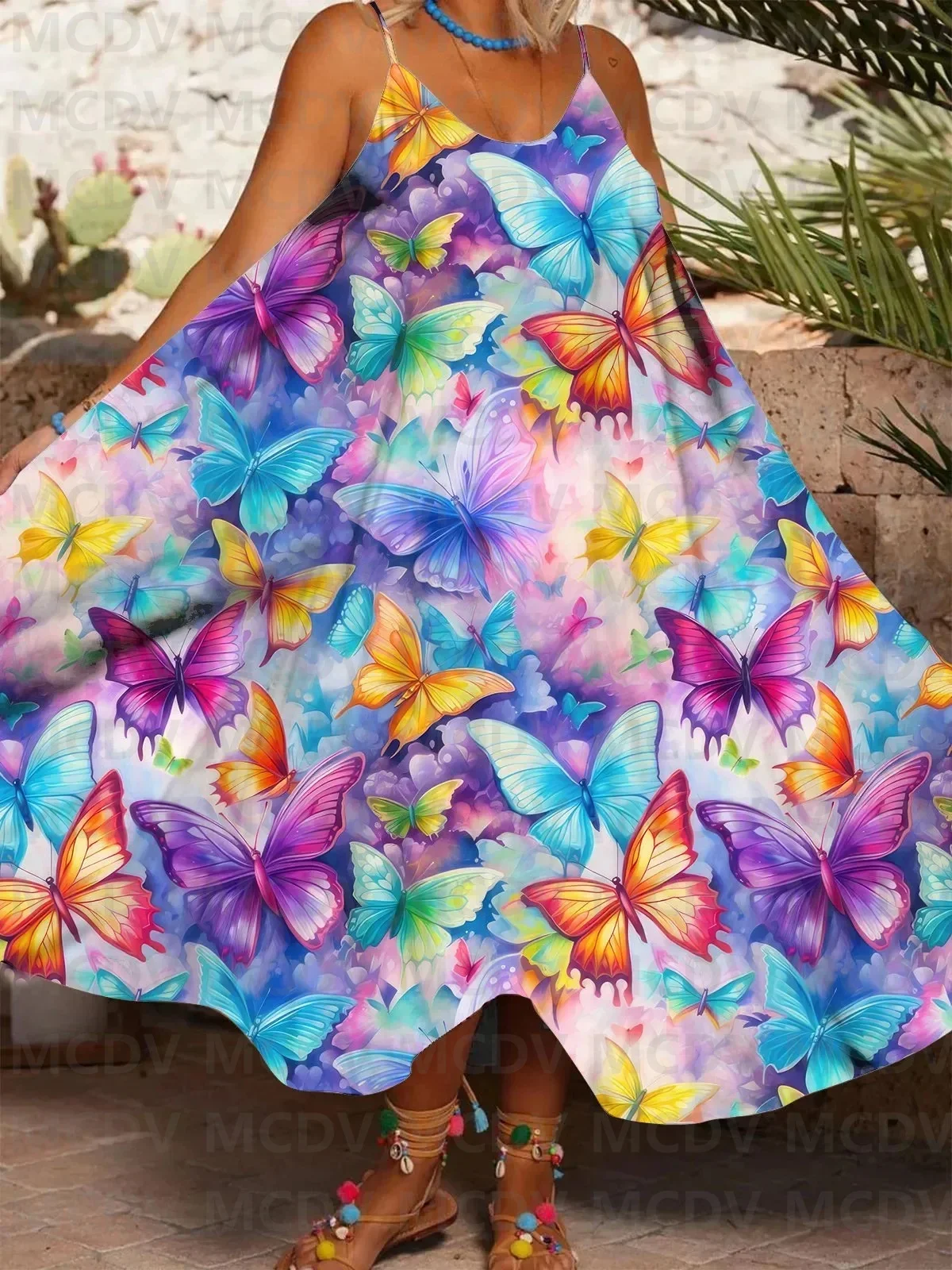 

Rainbow Color Hummingbirds Butterflies Printed Casual Spaghetti Strap Dress