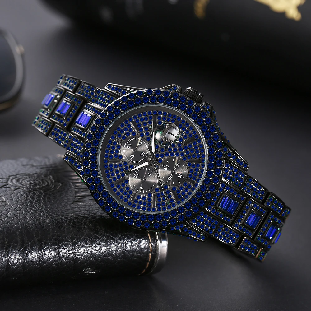 Blue Iced Out Watches For Men Special Trendy Luxury Diamond Quartz Watch For Male Hip Hop Gothic Street Style Clock Dropshipping