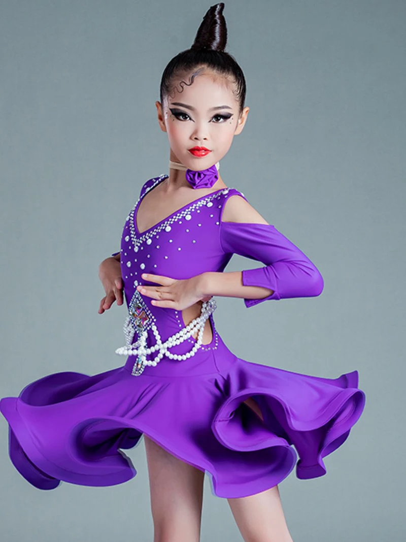 Childrens Latin Dance Dress Girls Professional Competition Dancewear Diamond Inlaid Floral  Pearl Performance Costumes