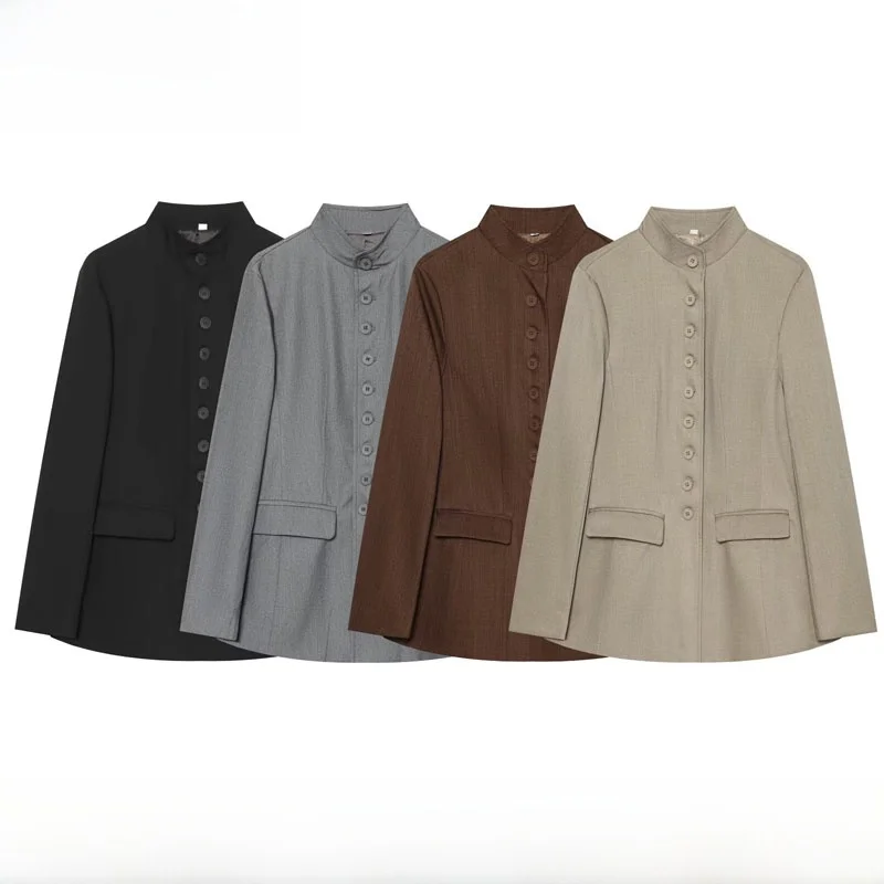 Early Autumn New Arrival Women's Fashion Simple Versatile Cross-Border Stand Collar Waist-Cinching Suit Jacket Polyester Fiber