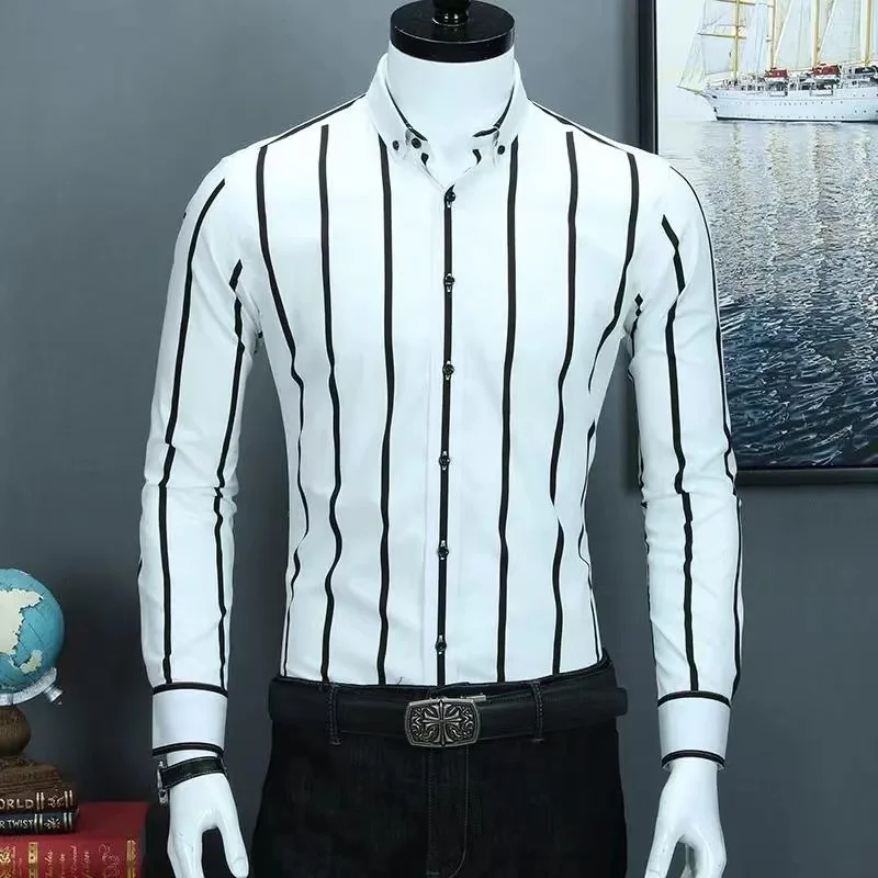 2024 Classic Striped Dress Shirt for Men, Slim Fit Business Long Sleeve Shirts Plus Size M-5XL Male Social Casual Shirts Outwear