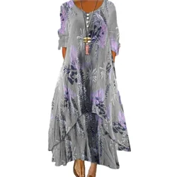 Women Vintage Elegant Botanical Flower Print Dresses Autumn O Neck Long Sleeves Dress Female Casual Commuter Irregular Hem Gown