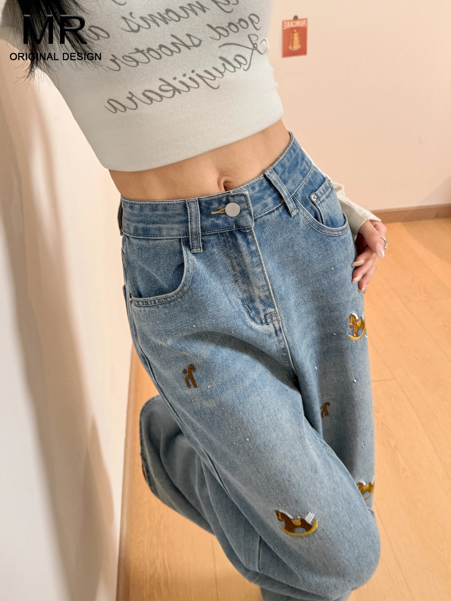 

Light Colored Heavy Embroidery Wide Leg Jeans Women's Loose Slimming Small Size Drapey Straight Cut Casual High Waist Denim
