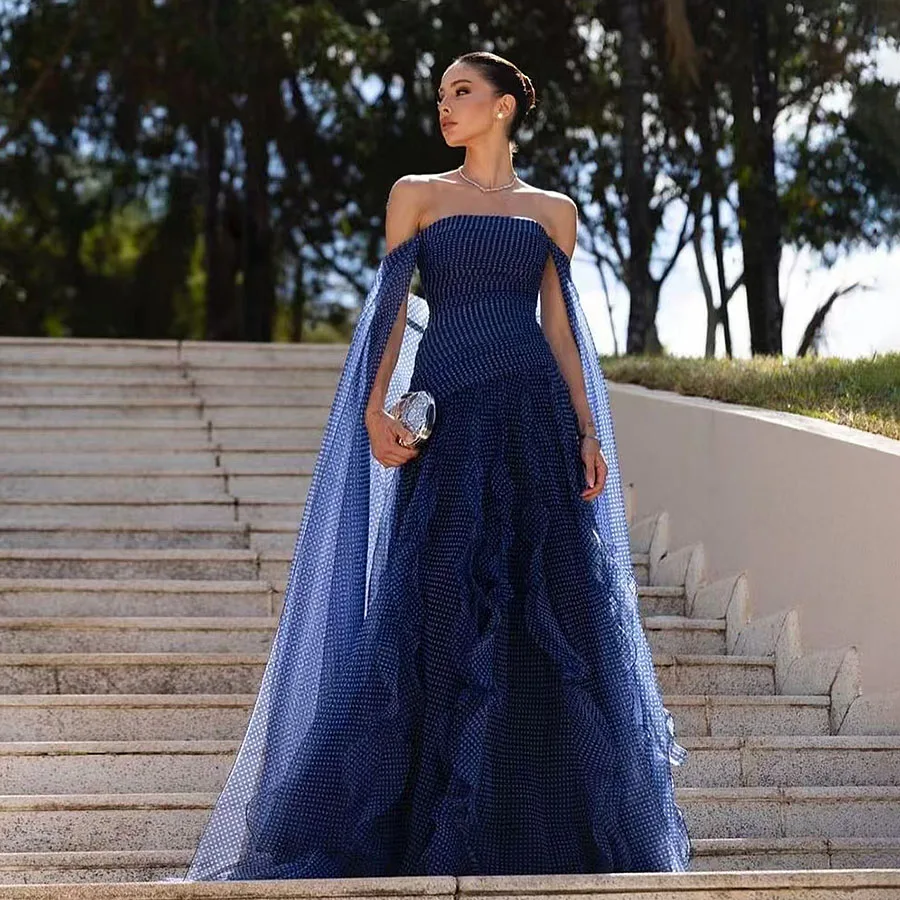 Blue Strapless Evening Formal Party Dress for Women Backless Elegant Prom Gown with Shawl Pleat A-line Wedding Dress Custom