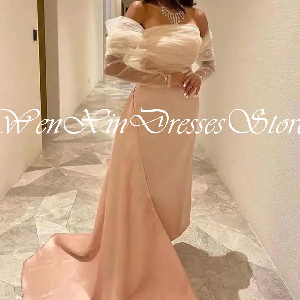 

Dubai Evening Caftan Dress Off The Shoulder Boat Neck Sweep Train Pleats Sleeveless Panel Train Bespoke Occasion Gowns Satin