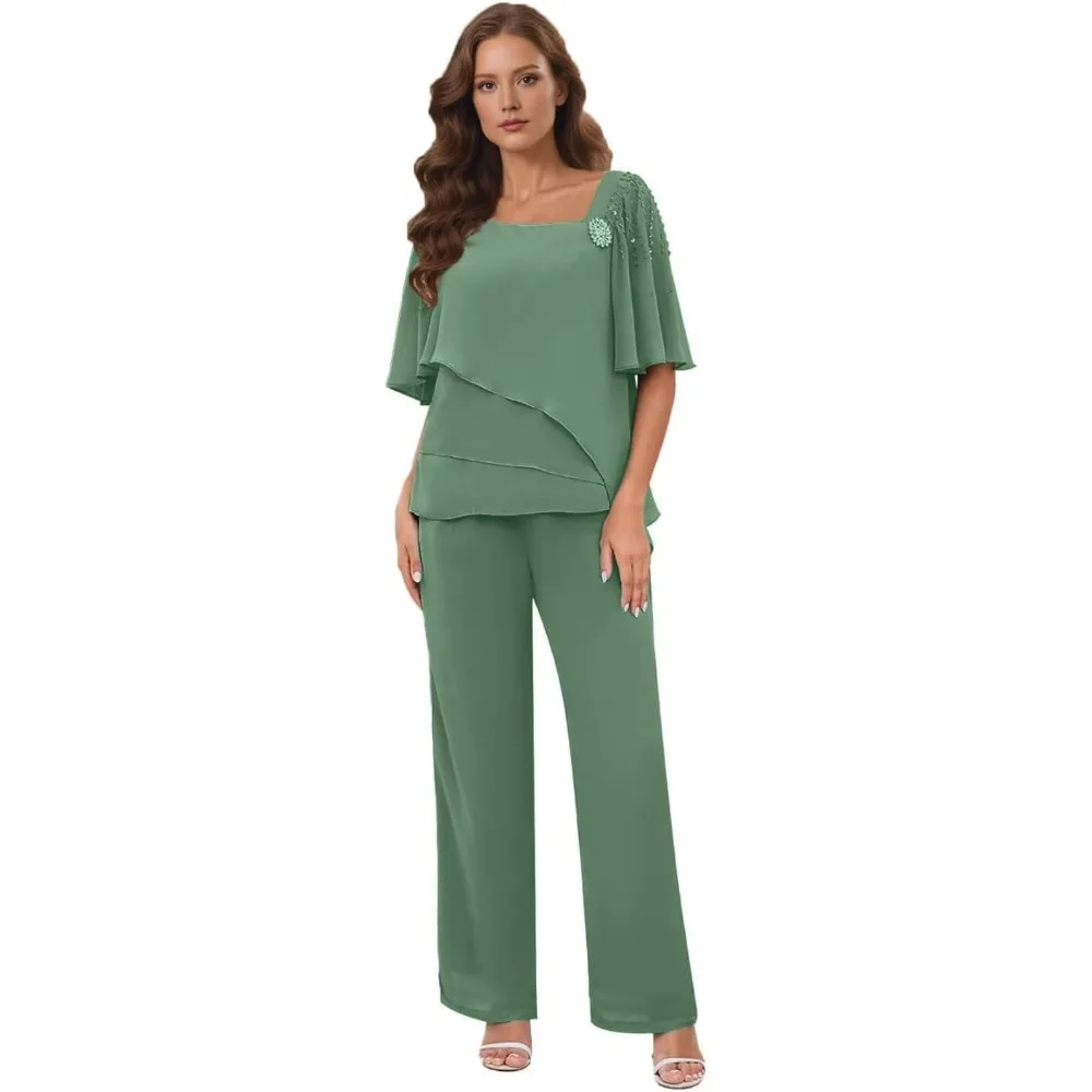 2 Piece Mother of The Bride Pant Suits for Wedding Chiffon Bead Formal Guest Dresses