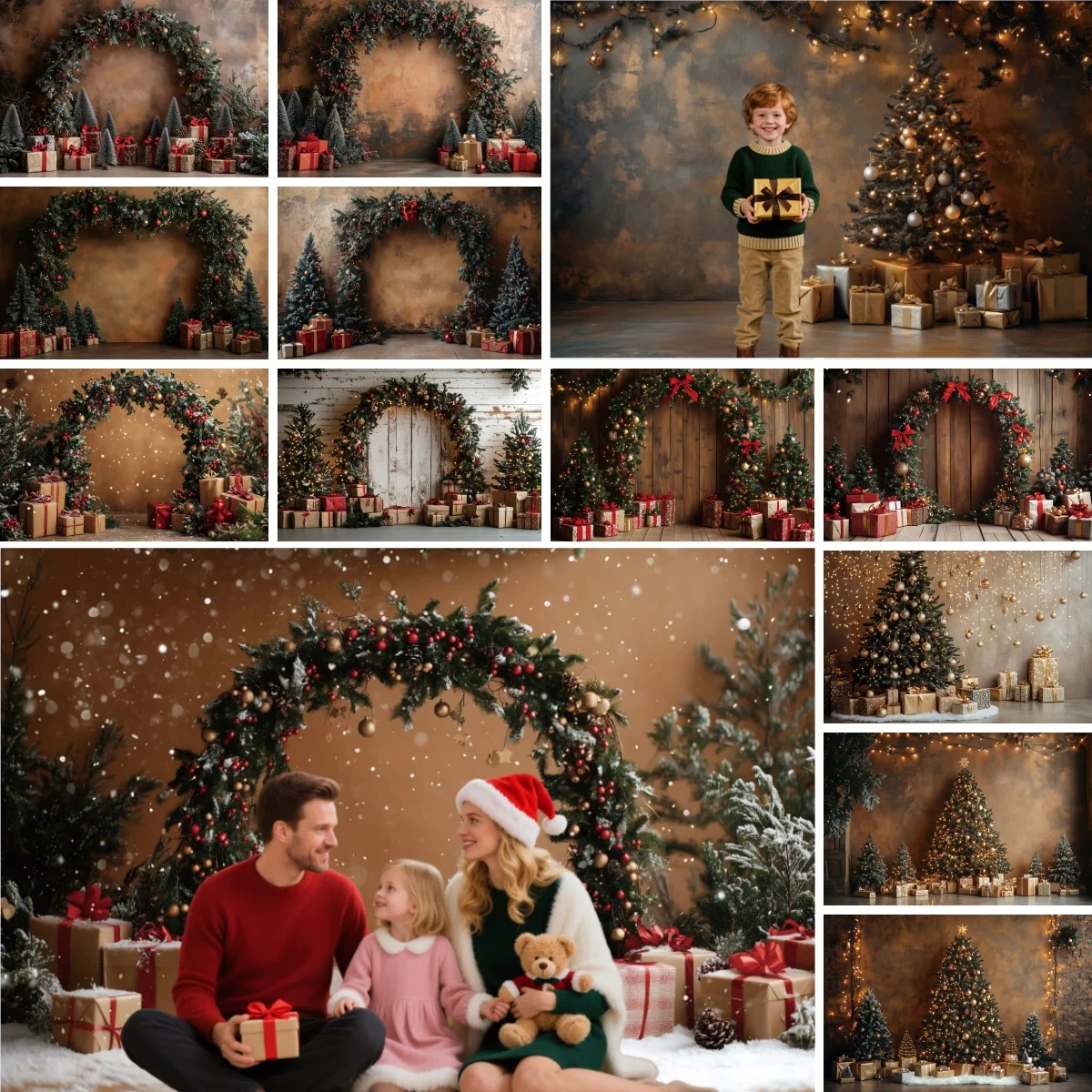 Christmas Photography Backdrop Grey Wall Wreath Arch Door Xmas Tree Gift Kids Family Christmas Party Decoration Photo Background