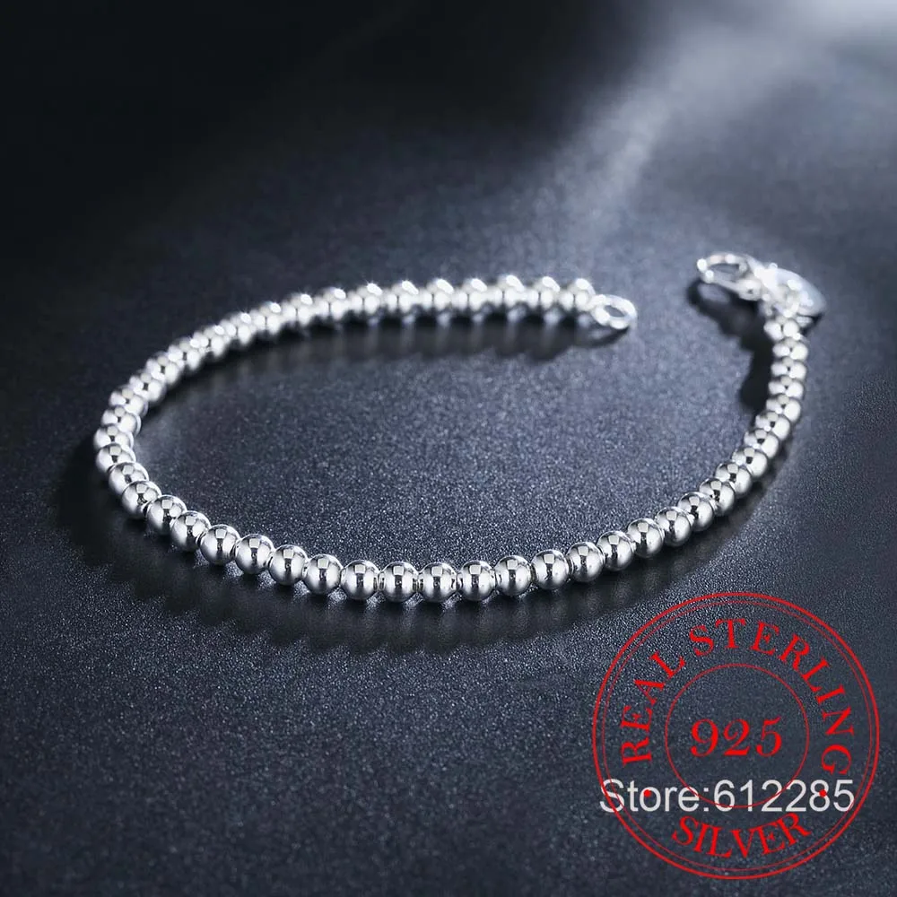 925 Sterling Silver Bead Ball Charm Bracelet 4mm 6mm 8mm 10mm Bracelet for Women Fine Jewelry for Banquet Wedding Anniversary