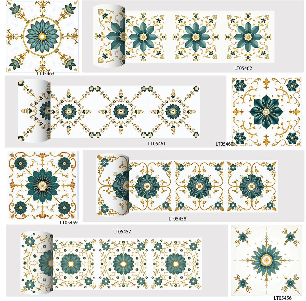 Vintage Green Gold Floral Tile Stickers Waterproof Removable Wall Decals for Kitchen Cabinet Stair Riser Skirting Home Decor