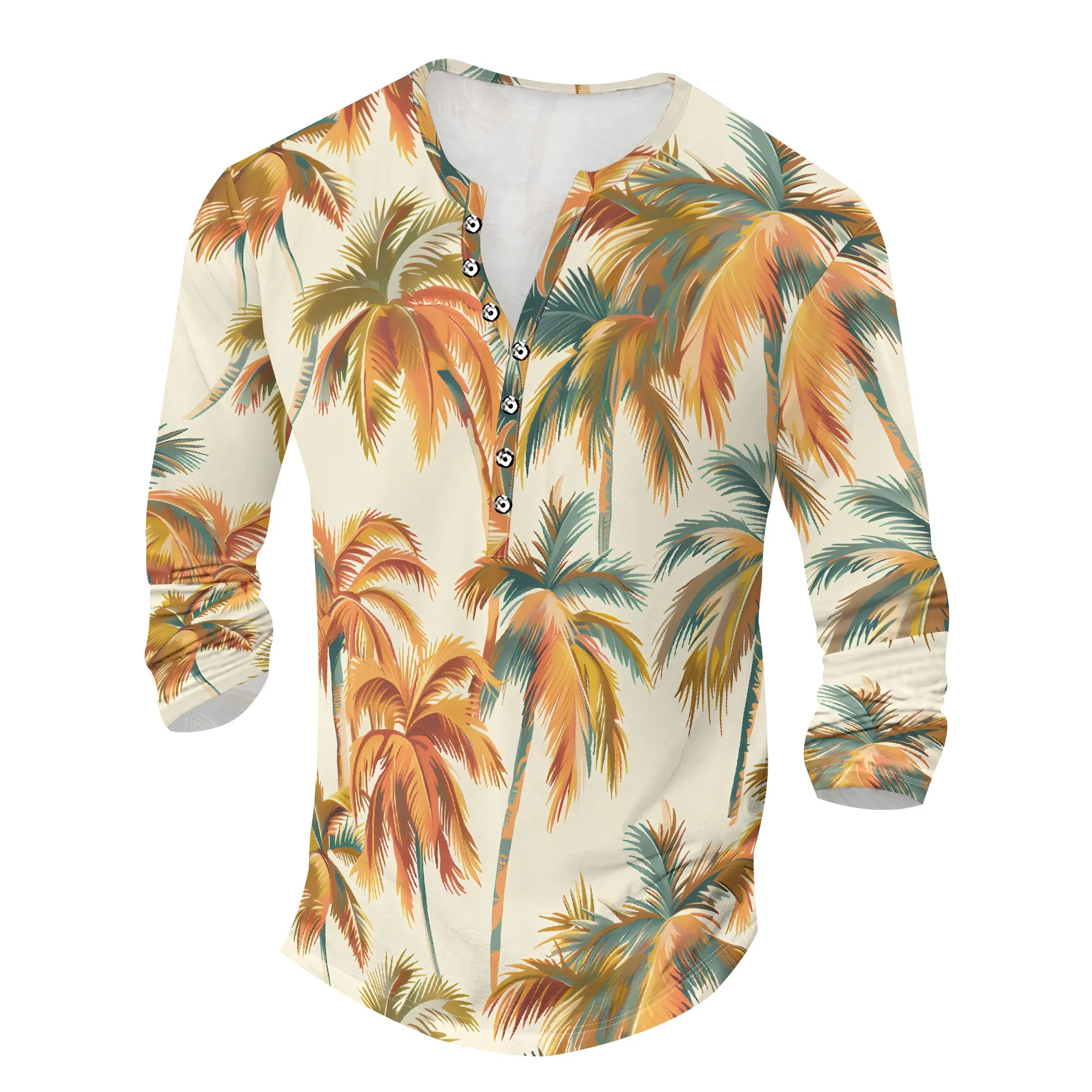 

YEAE Palm Tree Print Henley Shirt for Men Summer Casual Long Sleeve Top