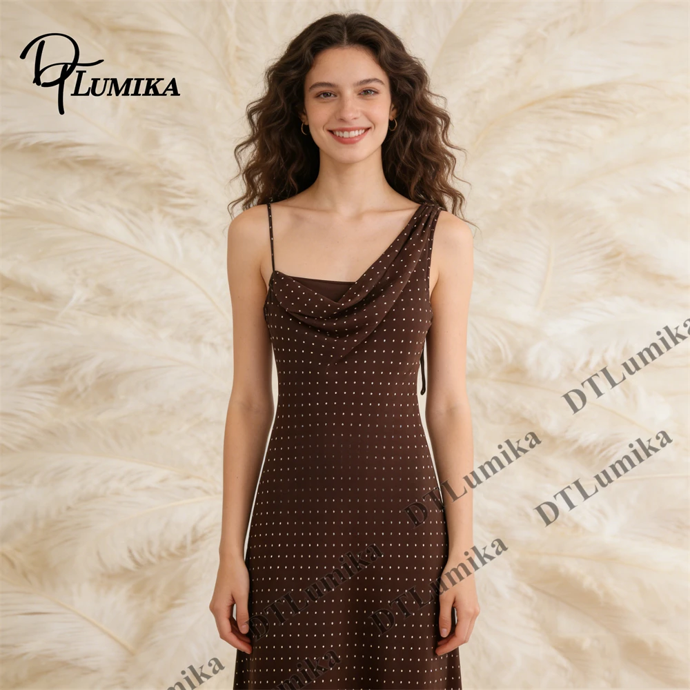 

Brown Polka Dot Midi Dress Asymmetrical One-Shoulder Cowl Neck Summer Night Retro Feminine Dresses