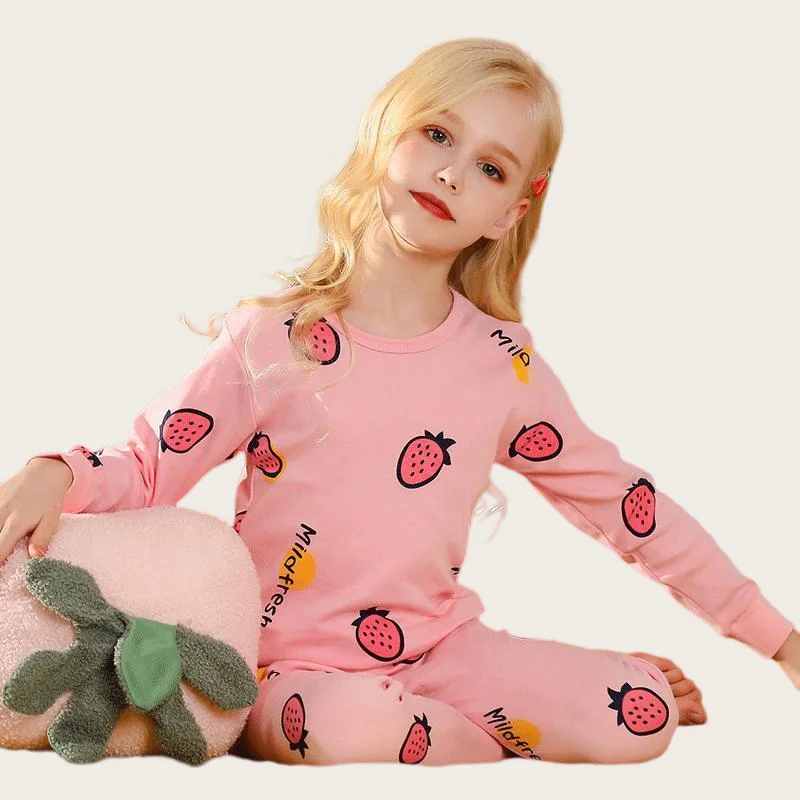 100% Cotton Children's Long Johns Spring and Autumn Medium Girls' Underwear Set Long Pants Set 2 Pack Long Sleeves Loungewear