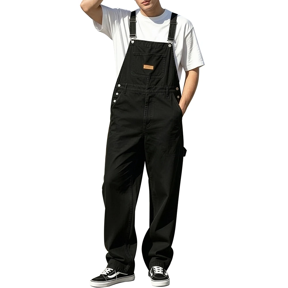 Men's Black Denim Bib Overalls Loose Fit Baggy Dungarees Multi Pockets Cargo Jean Coveralls Casual Streetwear Workwear