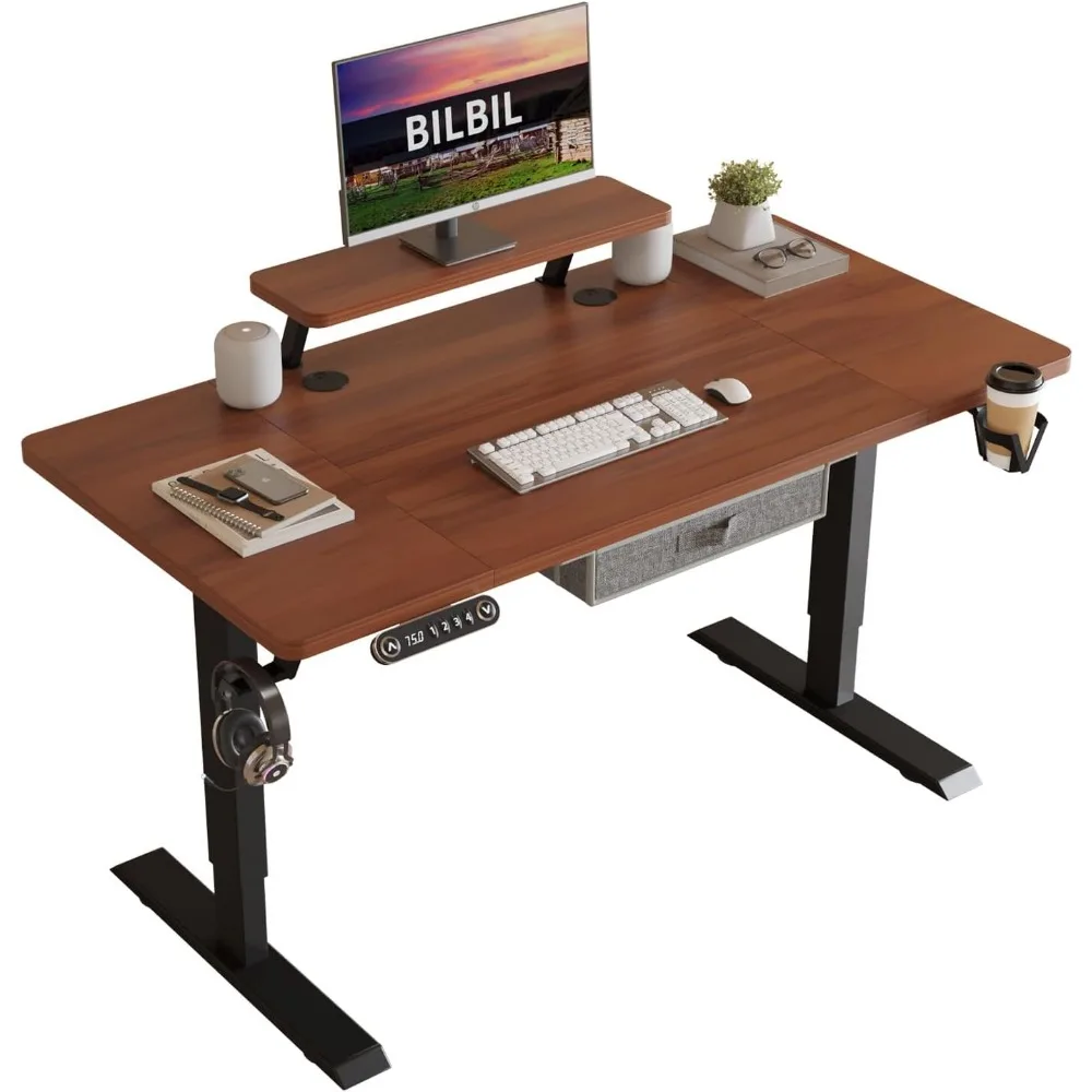 Electric Standing Desk with Drawer, 55x30 Inches Adjustable Height Sit Stand Up Desk with Storage Shelf