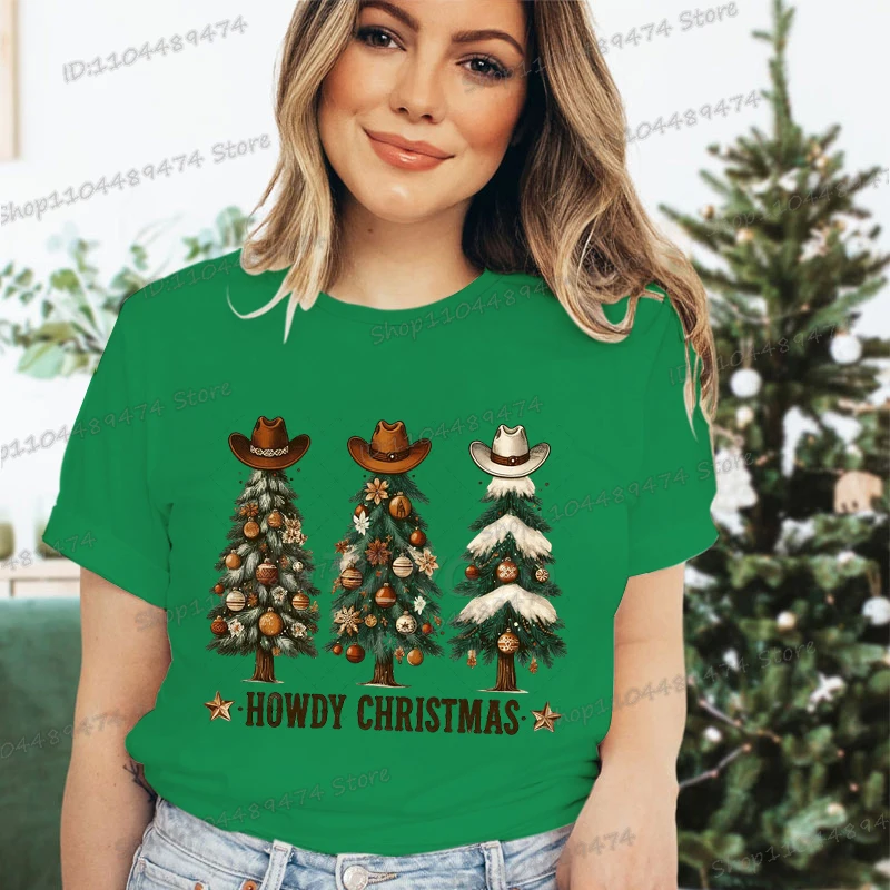 

Funny Howdy Christmas Print T-Shirt Women Fashion Crewneck Tshirt Christmas Party Casual Gifts Tees Cowboy Style Christmas Shirt