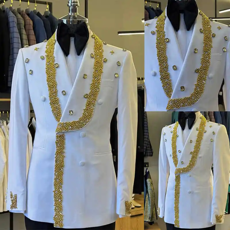 

Elegant Wedding Groom Tuxedos 1 Piece Blazer Diamond Beaded Peaked Lapel Double Breasted Evening Prom Men Suits Customized