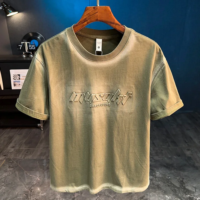 

2025 new heavyweight short sleeved T-shirt men's trendy retro outfit washed printed round neck men's top