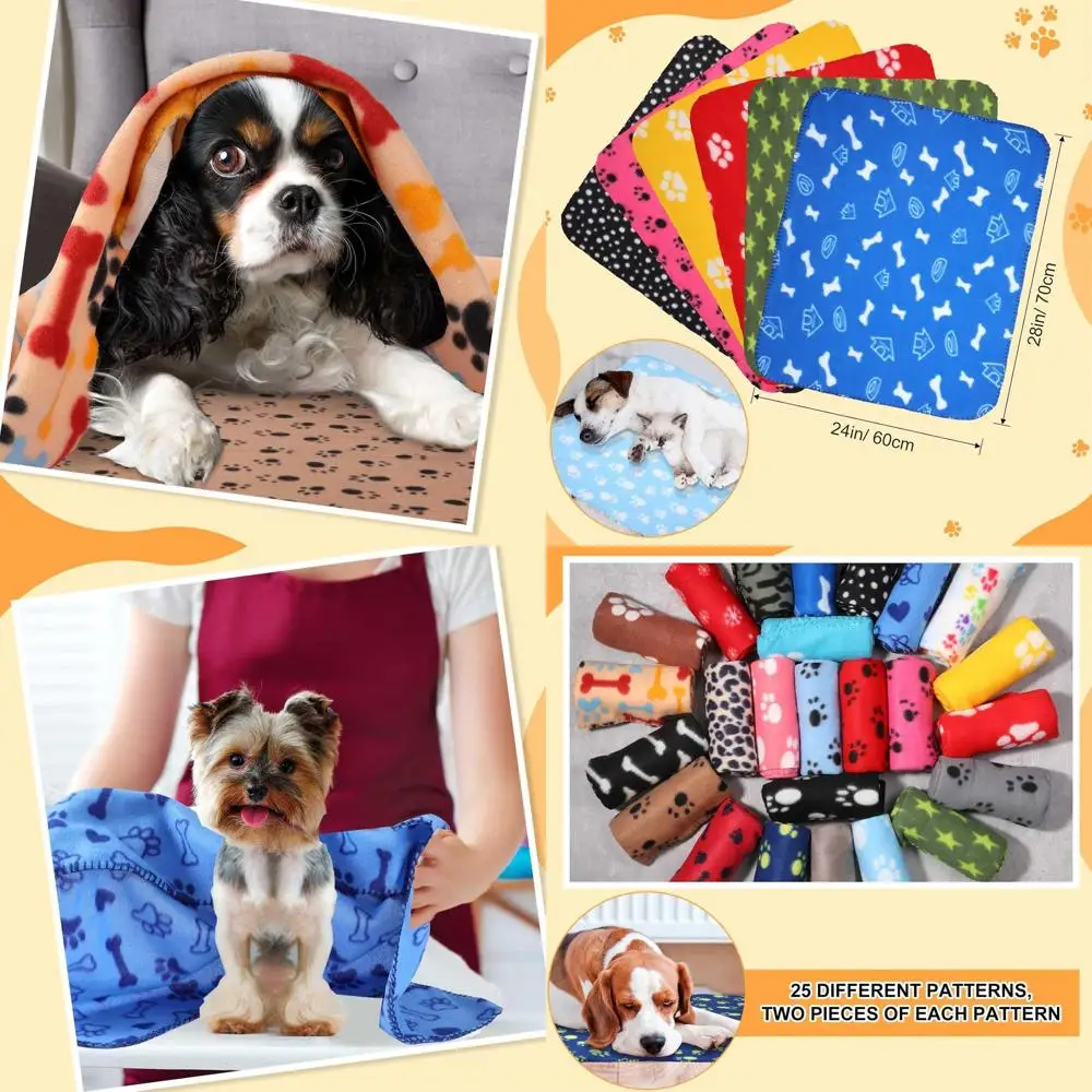 Atacado 50 cobertores de lã macia para cachorros, 24x28, designs com estampa de pata, ideais para animais de estimação pequenos e animais