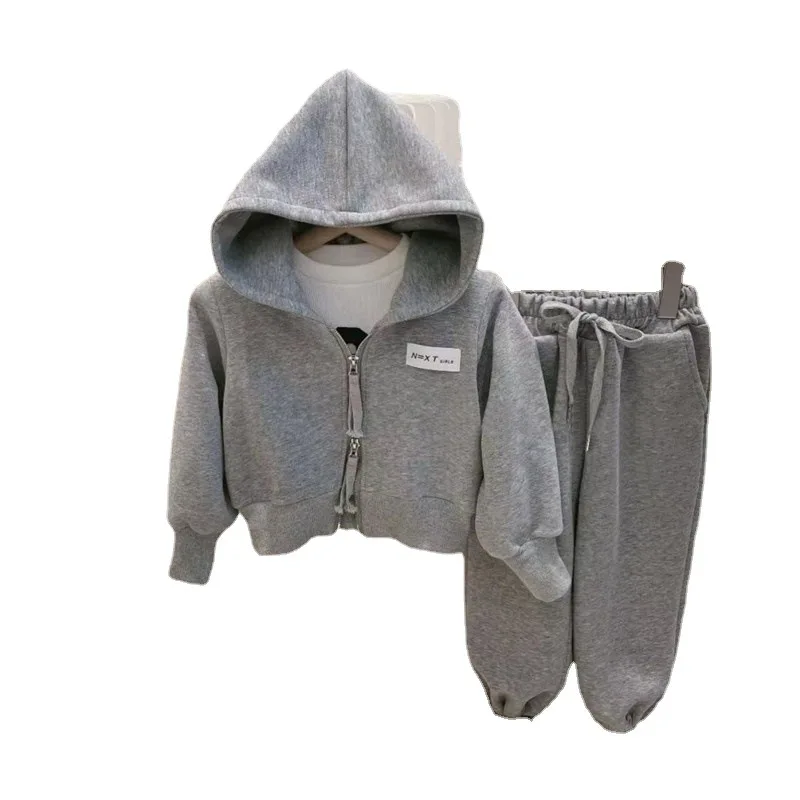 2024 Spring Autumn Children\'s Sports Suit Korean Version Baby Girls Zipper Hooded Cotton Coat Casual Long Pants Two-piece Set