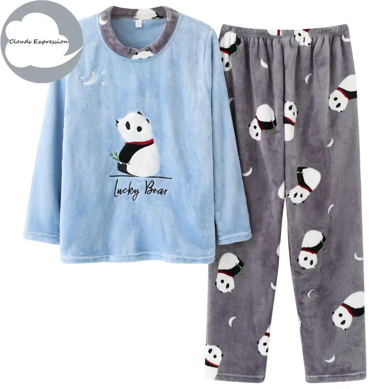 Winter Warm PJ Flannel Women Sleepwear Pajamas Girls Cartoon Print Pajama Set Pullover Coral Fleece Pijamas Mujer Home Suits 3XL