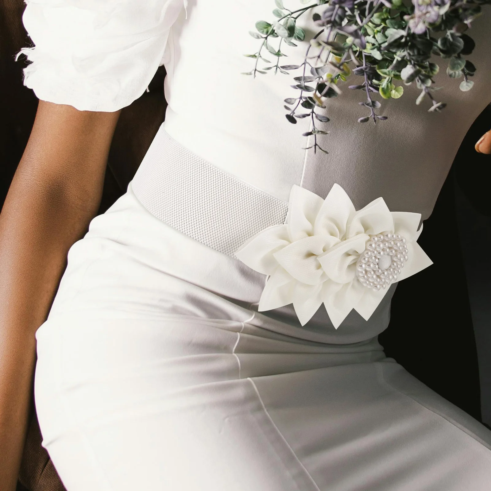 

Women Elastic Waist Belt with Flower Decoration Dress Waist Strap Stretchy Accessory Women Belts for Dress