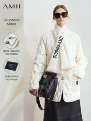 AMII Minimalist 2024 Winter New Women's Warm V-neck Solid Color with Letter Embroidered Scarf Rhombus Down Jacket 12444050