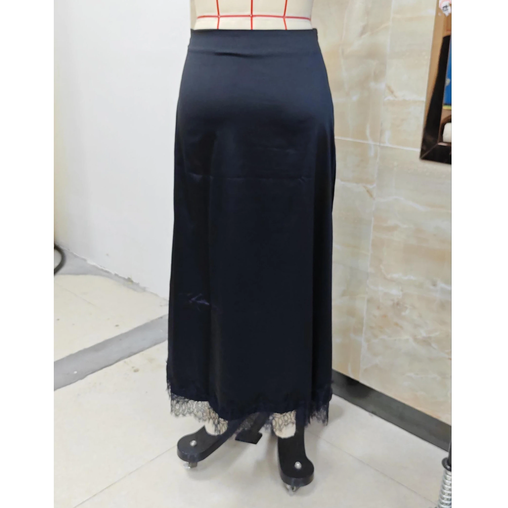 Womens Midi Skirt A Line Deep Brown Satin Midi Skirt Detailing Mid Rise Skirts Elegant Lace Trim Midi Length Stylish Skirts