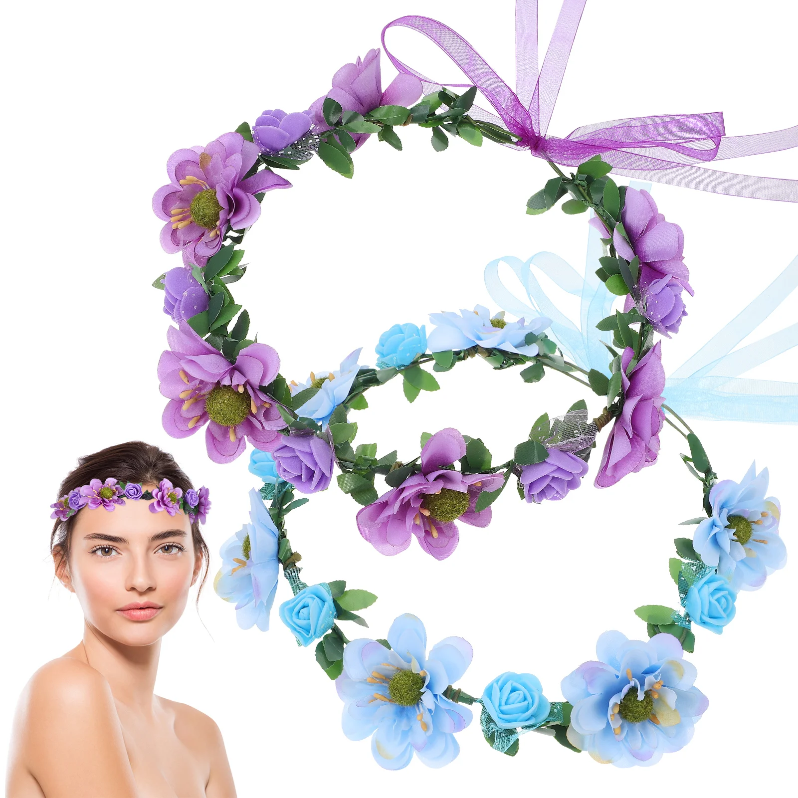 2 Pcs Flower Headband with Ribbon Crown for Women Floral Hair Garland Artificial Crowns Girls Headbands