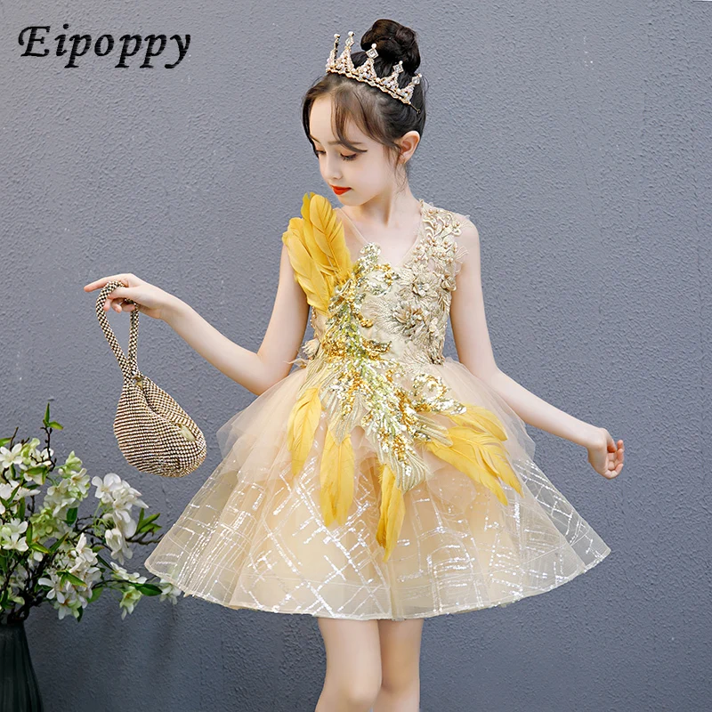 

Children's Dress Princess Dress Host Model Catwalk Show Golden Feather Western Style Piano Playing Girl Spring and Summer