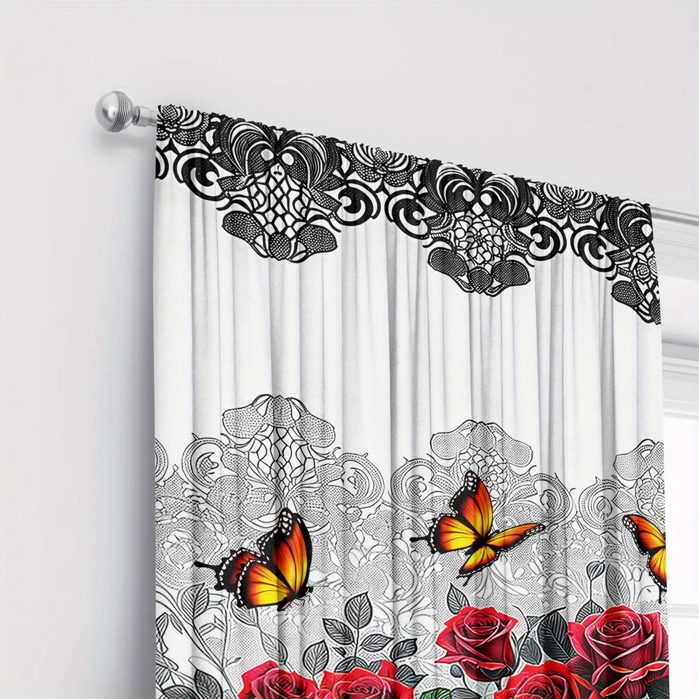 Elegant Red Rose Butterfly Print Curtain Panels for Living Room Home Decor Window Treatment