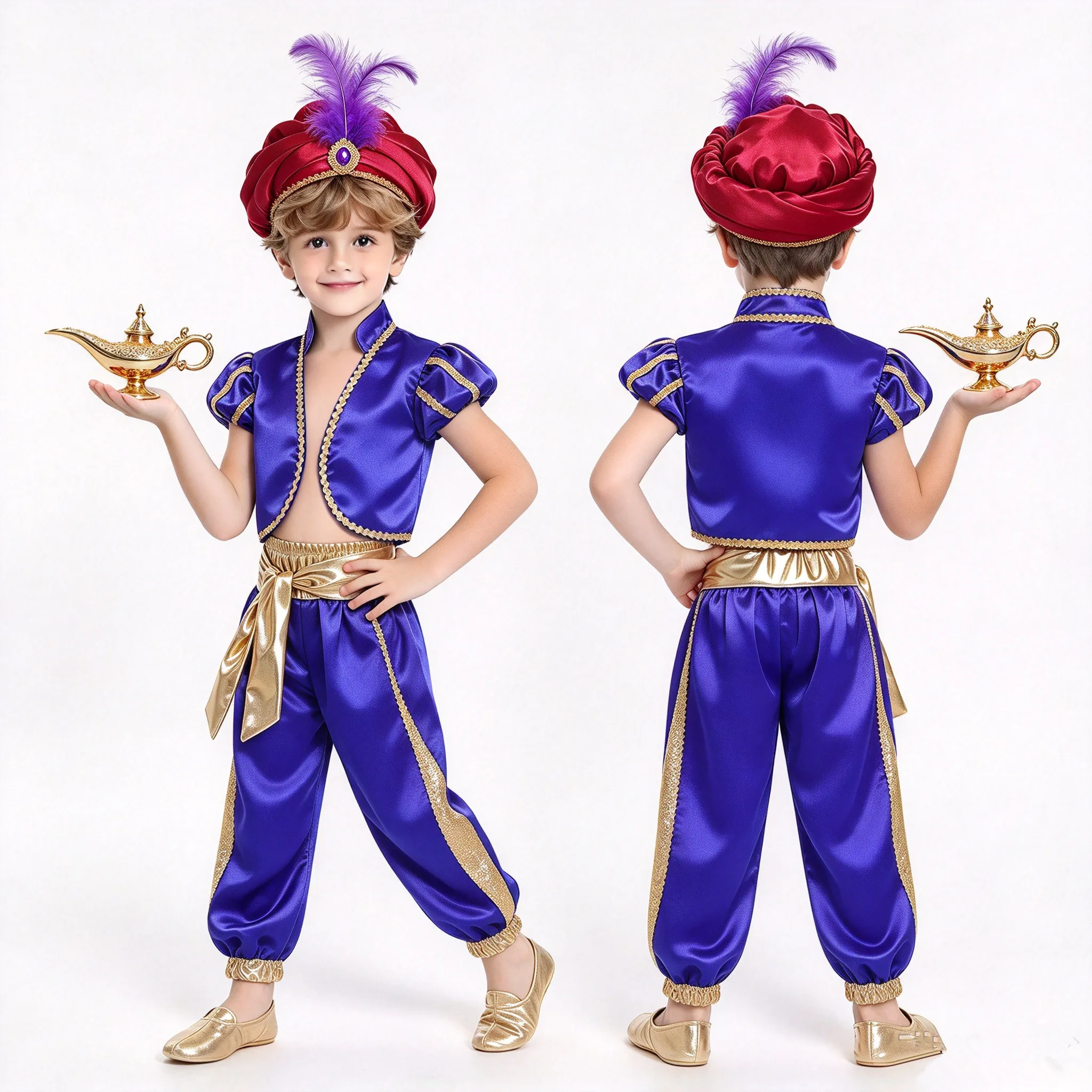 Children Boys Arab Prince Satin Vest Halloween Theme Party Magical Lamp Cosplay Costume Stand Collar Cap Sleeve Waistcoat Tops