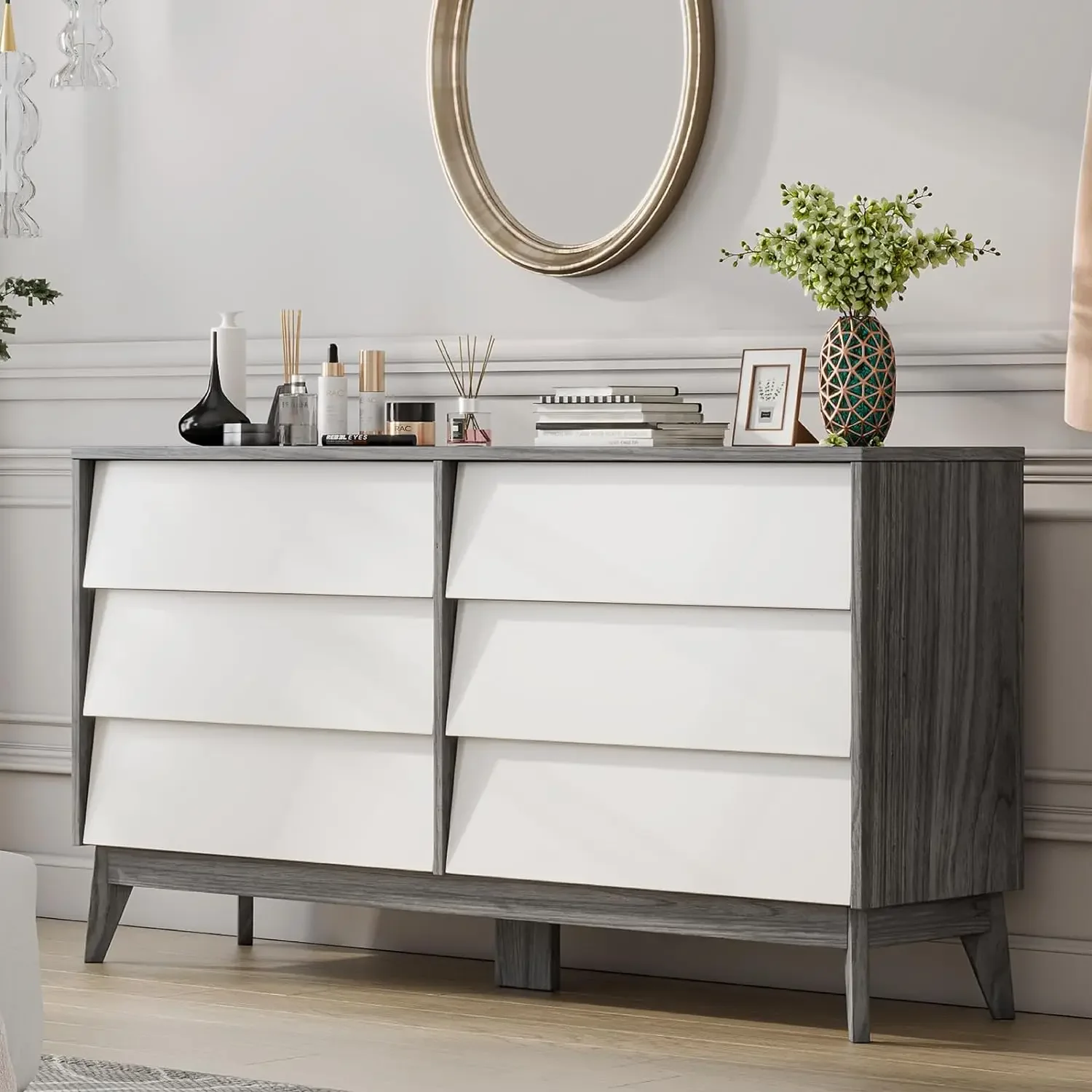 

Drawer Dresser for Bedroom, Mid-Century Tall Wood Storage Closet Chest of Beveled Drawers, Modern TV Stand Dressers Organizer