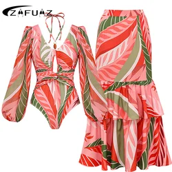 Sexy One Piece Women Long Sleeve Swimwear And Skirt Hollow Out Swimsuit Ruffle Biquini Monokini Bodysuit Bathing Suit Beach