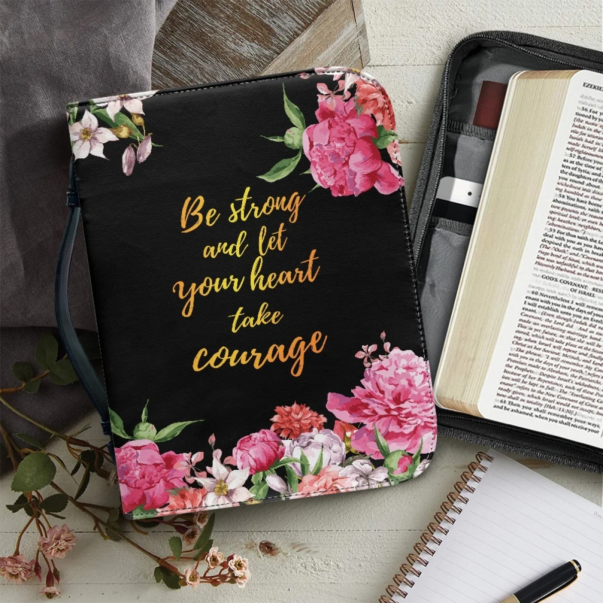 Pretty Floral Bible Verse Print Women's Christian Bags Be Strong and Let Your Heart Take Courage Words Bible Carrying Bags 2023