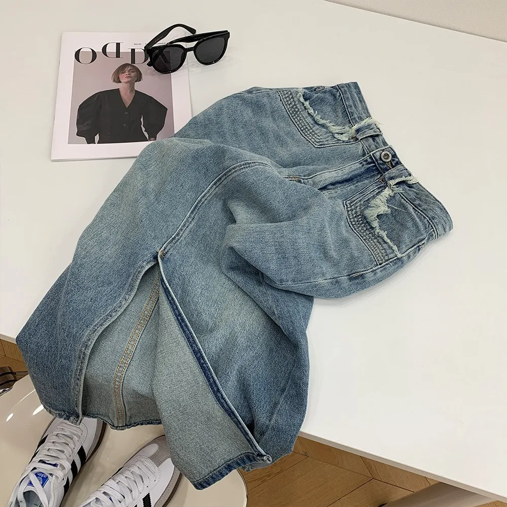 

High Waist A-Line Midi Denim Skirt for Women Summer 2023 New Vintage Frayed Design Versatile f-length Split Skirts