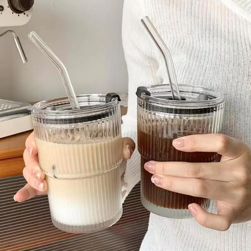 450ml Creative Stripe Glass Cup Transparent Glasses with Lid and Straw Coffee Mug Tea Cup Juice Glass Milk Water Cup Drinkware