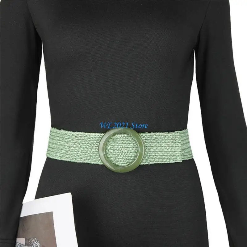 

G5GC Braided Waist Belt Summer Female Belt Smooth Buckle Colorful Straw Wide Belts